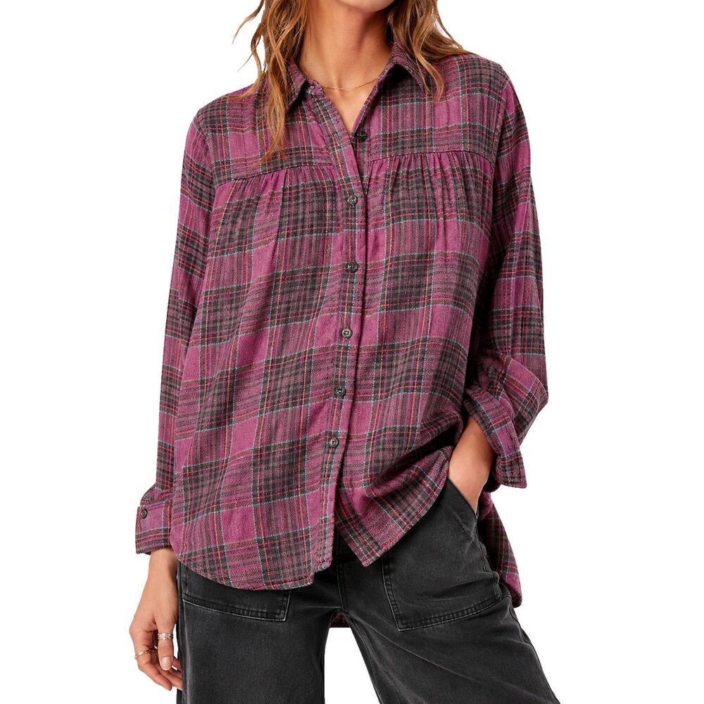 Free People Plaid Button Down Shirt M Magenta Wool Blend Relaxed Boho Grunge